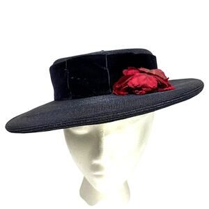 Vintage boater style ladies hat navy blue & faded red flower on velvet hatband